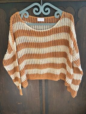 Pink Lily Striped Open-Knit Scoop Pullover in Cream & Rust Sz S